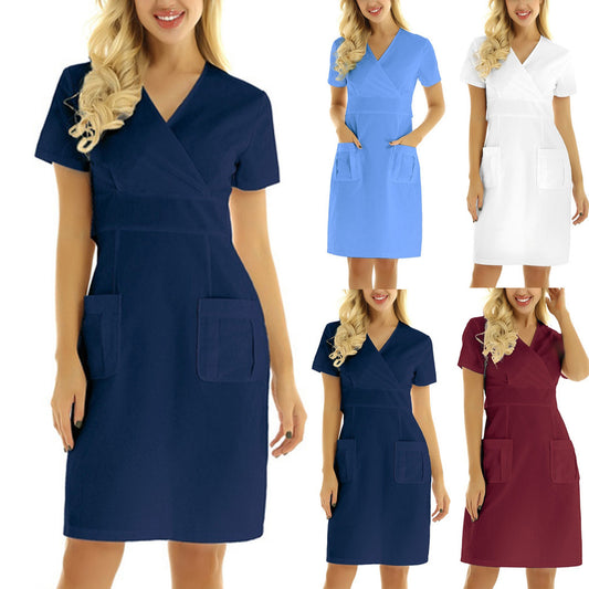 Women's Classy Short-sleeved V-neck Nurses' Uniform Nurse Dress